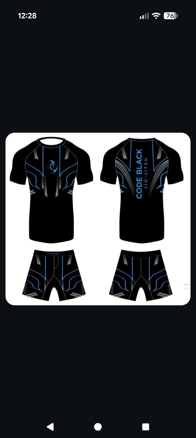 Phantom Kit design: front and back of the black-and-blue Code Black rashguard and shorts