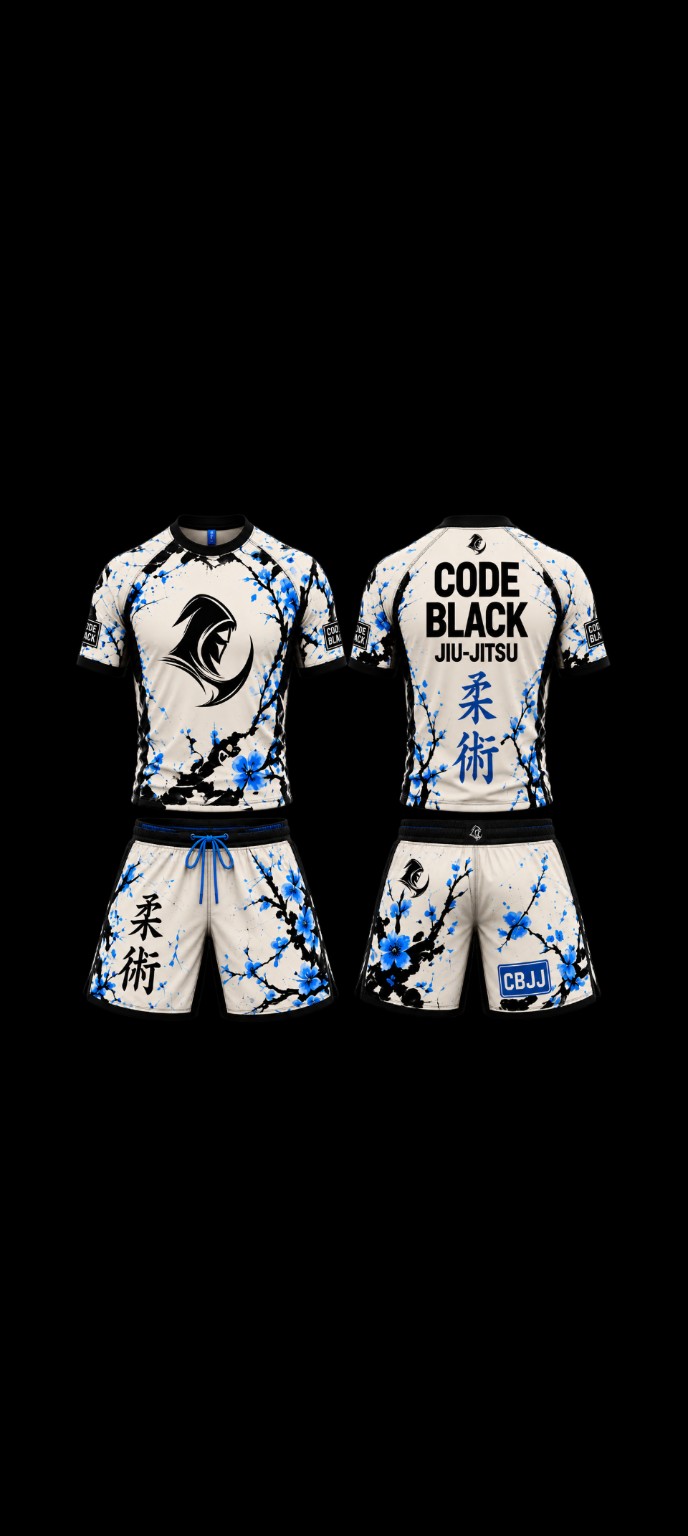 Reaper’s Garden Kit design: front and back of a cream, black and blue floral rashguard and shorts